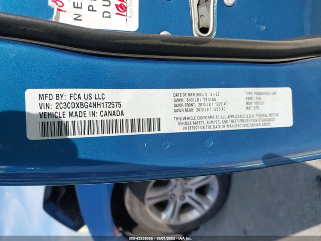 43339086 :رقم المزاد ، 2C3CDXBG4NH172575 vin ، 2022 Dodge Charger Sxt Rwd مزاد بيع