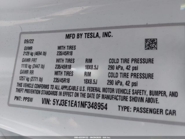 2022 TESLA MODEL 3 5YJ3E1EA1NF348954 Photo 8