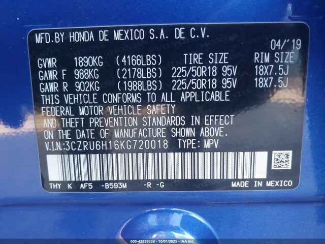 3CZRU6H16KG720018 Honda r18z9