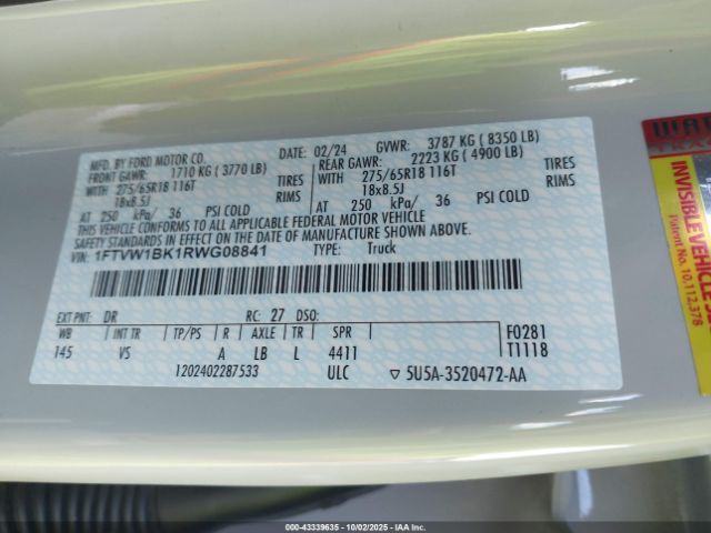 2024 FORD F-150 LIGHTNING 1FTVW1BK1RWG08841 Photo 8