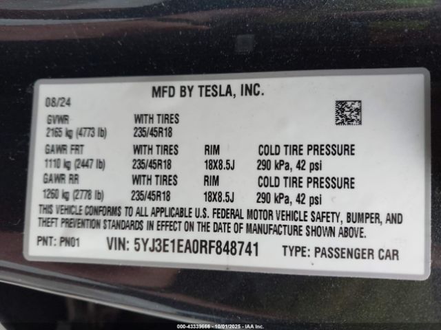 2024 TESLA MODEL 3 5YJ3E1EA0RF848741 Photo 8