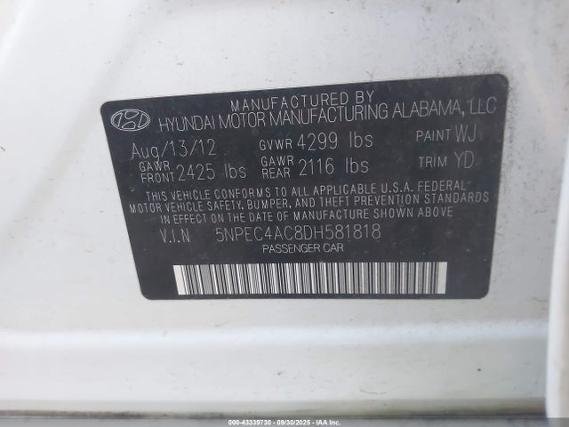 2013 HYUNDAI SONATA 5NPEC4AC8DH581818 Photo 8