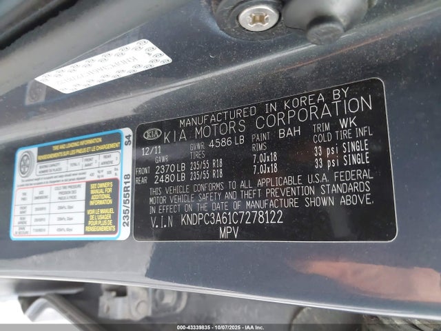 2012 Kia Sportage Sx მანქანა იყიდება აუქციონზე, vin: KNDPC3A61C7278122, აუქციონის ნომერი: 43339835