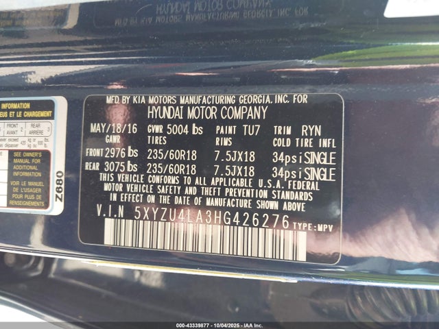 Aukcja sprzedaży 2017 Hyundai Santa Fe Sport 2.0t, vin: 5XYZU4LA3HG426276, numer aukcji: 43339877