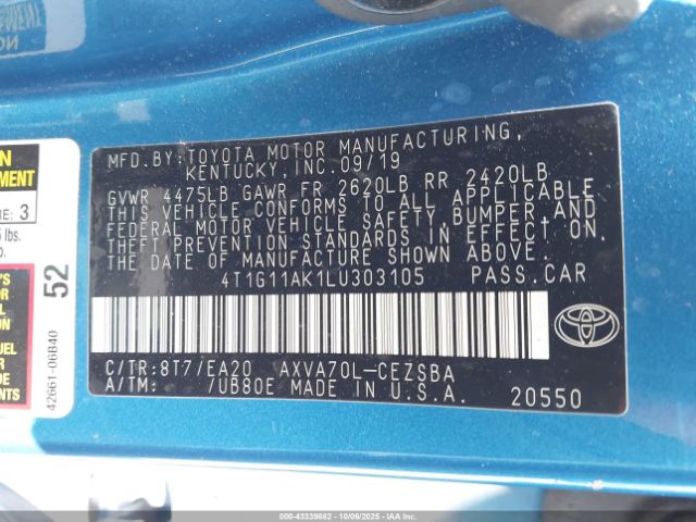 2020 TOYOTA CAMRY 4T1G11AK1LU303105 Photo 8