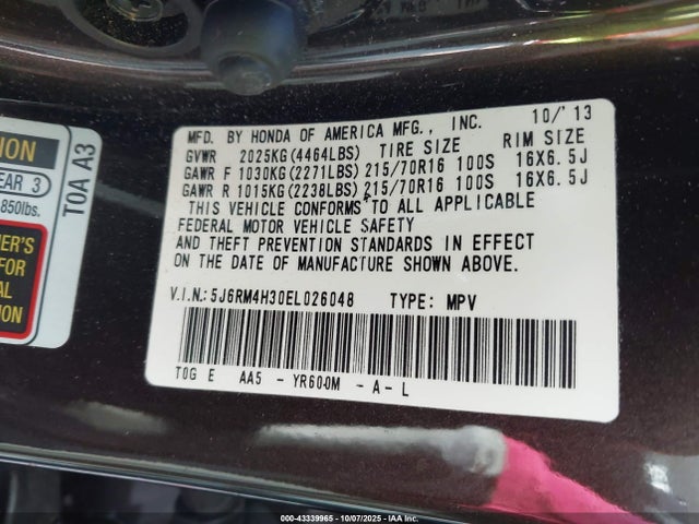 Honda k24z7 2014 5J6RM4H30EL026048 Image 9