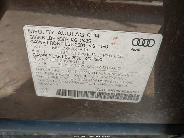 43339971 :رقم المزاد ، WA1LFAFPXEA083003 vin ، 2014 Audi Q5 2.0t Premium مزاد بيع