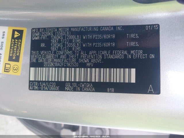 Lexus 2gr-fe 2015 2T2ZK1BA2FC182520 Image 9