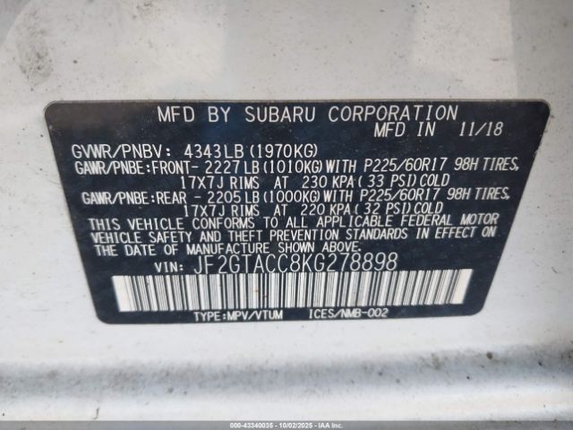 2019 SUBARU CROSSTREK JF2GTACC8KG278898 Photo 8