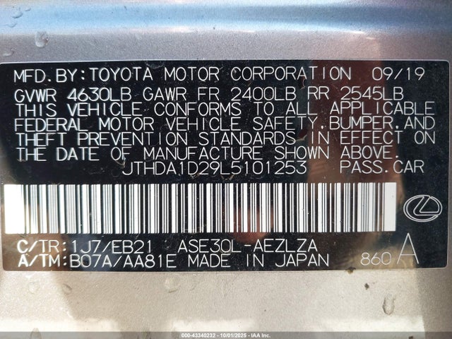 43340232 :رقم المزاد ، JTHDA1D29L5101253 vin ، 2020 Lexus Is 300 مزاد بيع