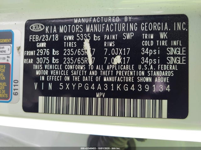 5XYPG4A31KG439134 KIA Sorento 2.4l Lx