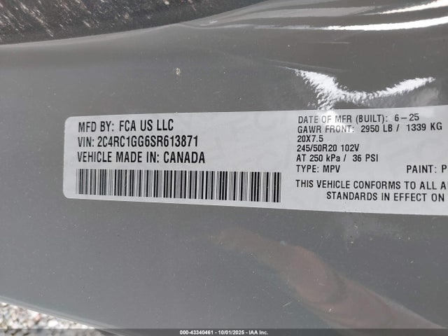 43340461 :رقم المزاد ، 2C4RC1GG6SR613871 vin ، 2025 Chrysler Pacifica Limited مزاد بيع