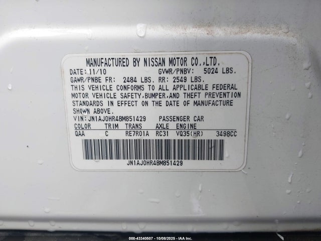 Auction sale of the 2011 Infiniti Ex35 Journey, vin: JN1AJ0HR4BM851429, lot number: 43340507