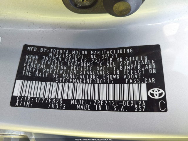 Aukcja sprzedaży 2022 Toyota Corolla Le, vin: 5YFEPMAE4NP300415, numer aukcji: 43340536