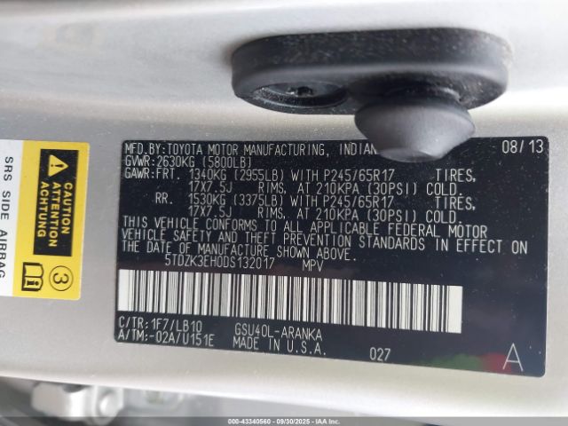 2013 TOYOTA HIGHLANDER 5TDZK3EH0DS132017 Photo 8