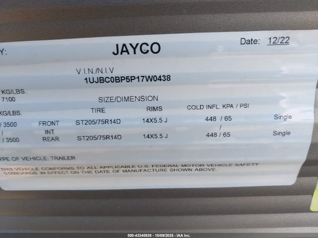 2023 Jayco 267bhs მანქანა იყიდება აუქციონზე, vin: 1UJBC0BP5P17W0438, აუქციონის ნომერი: 43340928