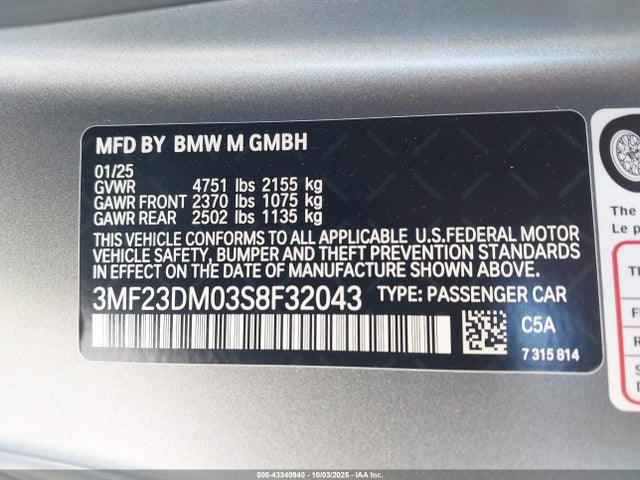2025 Bmw M2 მანქანა იყიდება აუქციონზე, vin: 3MF23DM03S8F32043, აუქციონის ნომერი: 43340940
