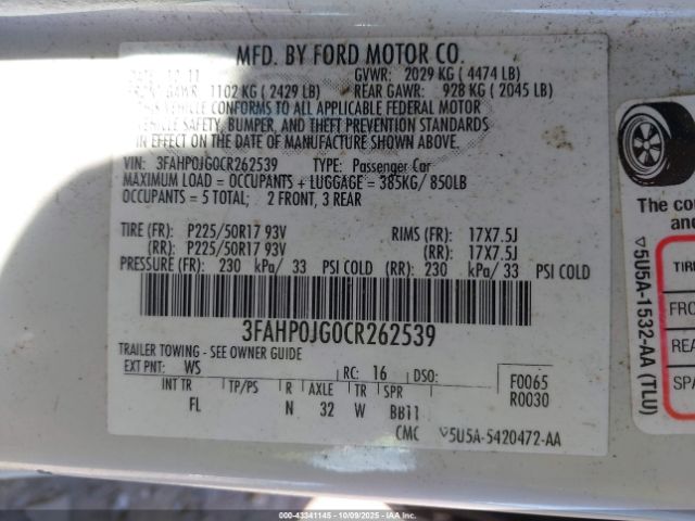 2012 FORD FUSION 3FAHP0JG0CR262539 Photo 8