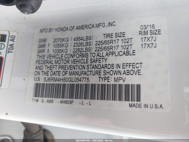 Honda k24w9 2016 5J6RM4H50GL054775 Image 9