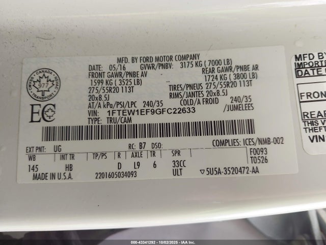 1FTEW1EF9GFC22633 Ford F-150 Lariat