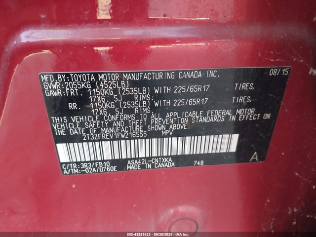2T3ZFREV1FW216555 Toyota 2ar-fe