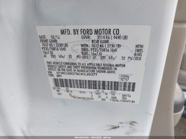 2012 FORD ESCAPE 1FMCU0D79CKC20377 Photo 8