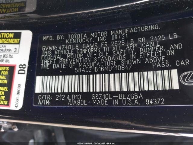 2021 LEXUS ES 350 58ADZ1B16MU110847 Photo 8