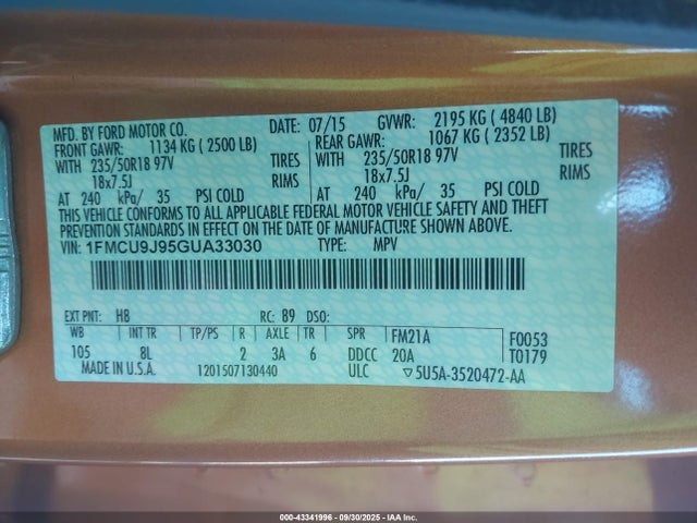 Ford 2016 2016 1FMCU9J95GUA33030 Image 9