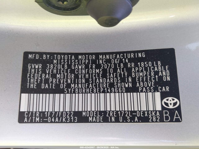 5YFBURHE8EP149660 Toyota 2zr-fe