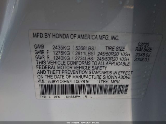2020 ACURA MDX 5J8YD3H57LL007816 Photo 8