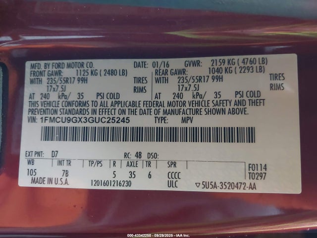 1FMCU9GX3GUC25245 Ford 2016