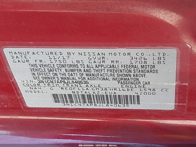 3N1CN7AP8JL840635 Nissan Versa