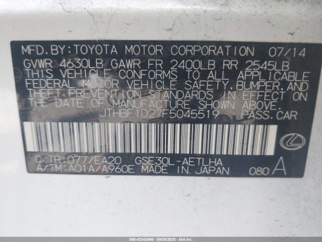 2015 LEXUS IS 250 JTHBF1D27F5045519 Photo 8