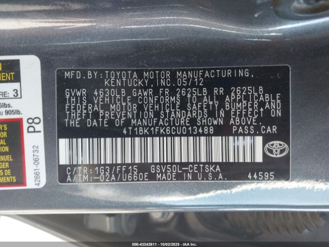 2012 TOYOTA CAMRY 4T1BK1FK6CU013488 Photo 8