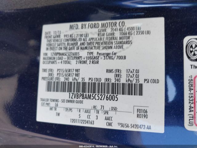 2012 FORD MUSTANG 1ZVBP8AM5C5276005 Photo 8