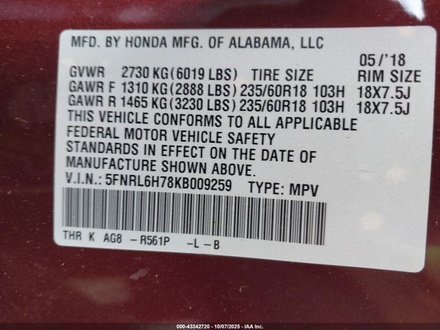 Honda j35y7 2019 5FNRL6H78KB009259 Image 9