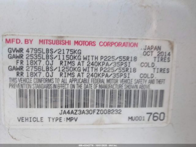 2015 MITSUBISHI OUTLANDER JA4AZ3A30FZ008232 Photo 8