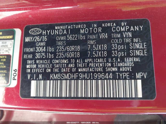 KM8SMDHF9HU199644 Hyundai gdi lambda ii