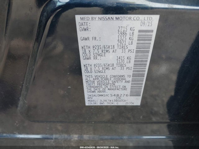 Aukcja sprzedaży 2015 Infiniti Qx60, vin: 5N1AL0MM1FC548276, numer aukcji: 43342828