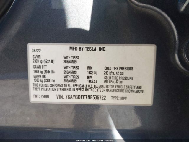 2022 TESLA MODEL Y 7SAYGDEE7NF535722 Photo 8