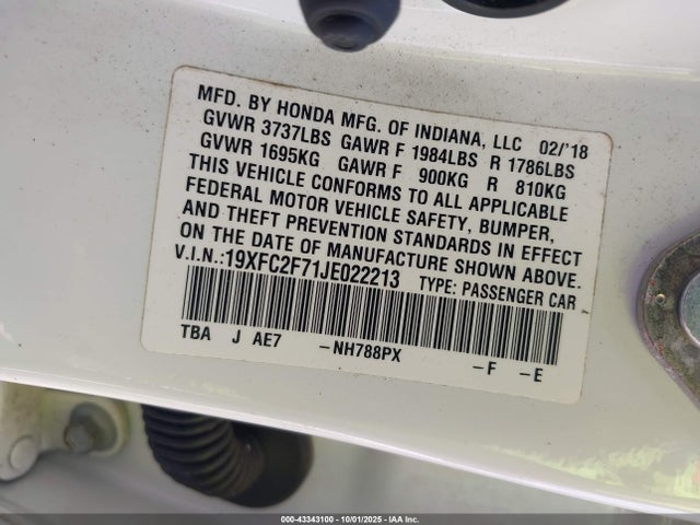 Aukcja sprzedaży 2018 Honda Civic Ex, vin: 19XFC2F71JE022213, numer aukcji: 43343100