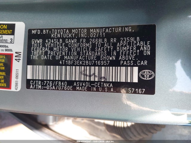 2011 Toyota Camry Le მანქანა იყიდება აუქციონზე, vin: 4T1BF3EK2BU716957, აუქციონის ნომერი: 43343247
