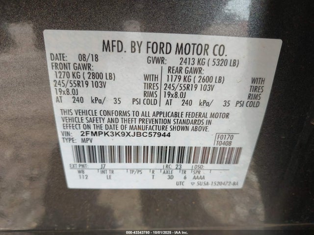 Продаж на аукціоні авто 2018 Ford Edge Titanium, vin: 2FMPK3K9XJBC57944, номер лоту: 43343780