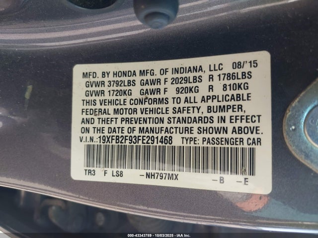 Honda r18z1 2015 19XFB2F93FE291468 Image 9