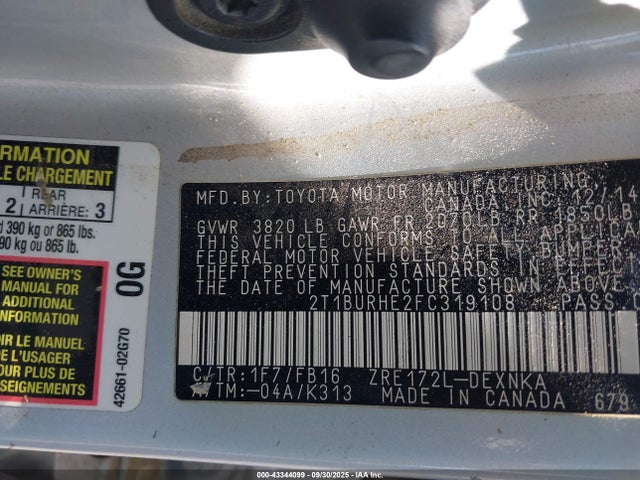 Toyota 2zr-fe 2015 2T1BURHE2FC319108 Image 9