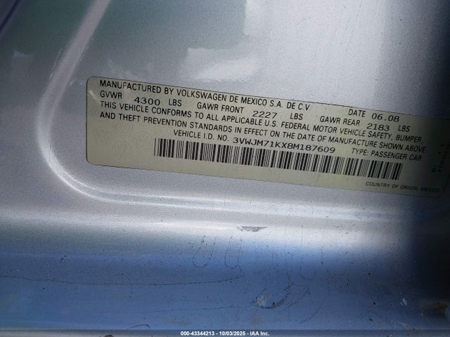 Продаж на аукціоні авто 2008 Volkswagen Jetta S, vin: 3VWJM71KX8M187609, номер лоту: 43344213