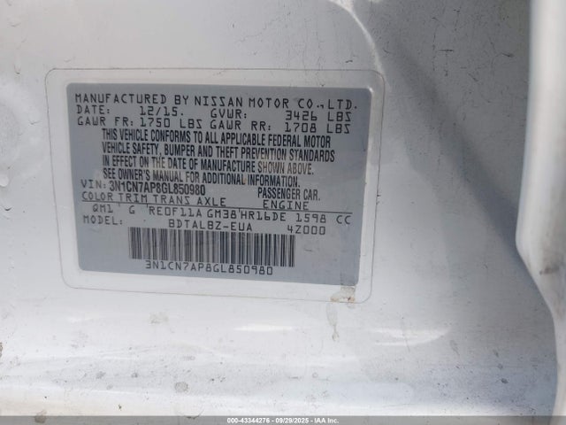 3N1CN7AP8GL850980 Nissan 2016