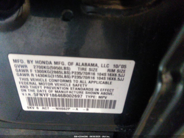 2006 HONDA PILOT 5FNYF18646B002697 Photo 8