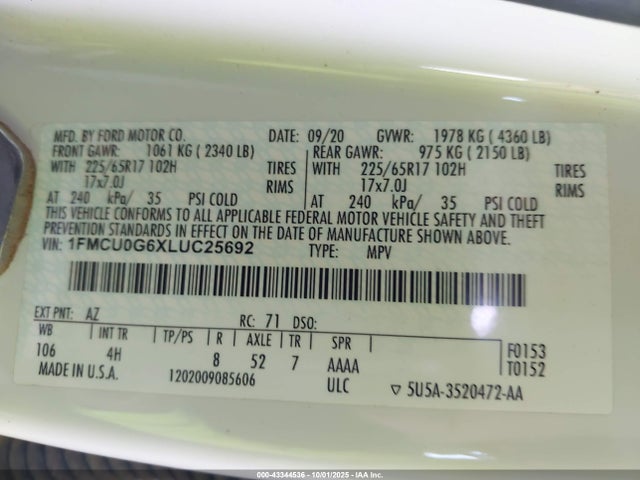 Ford ESCAPE SE 2020 1FMCU0G6XLUC25692 Image 9