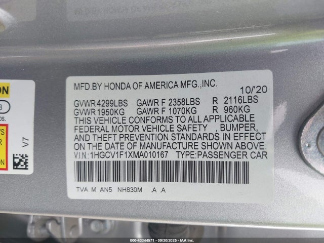 1HGCV1F1XMA010167 Honda l15be